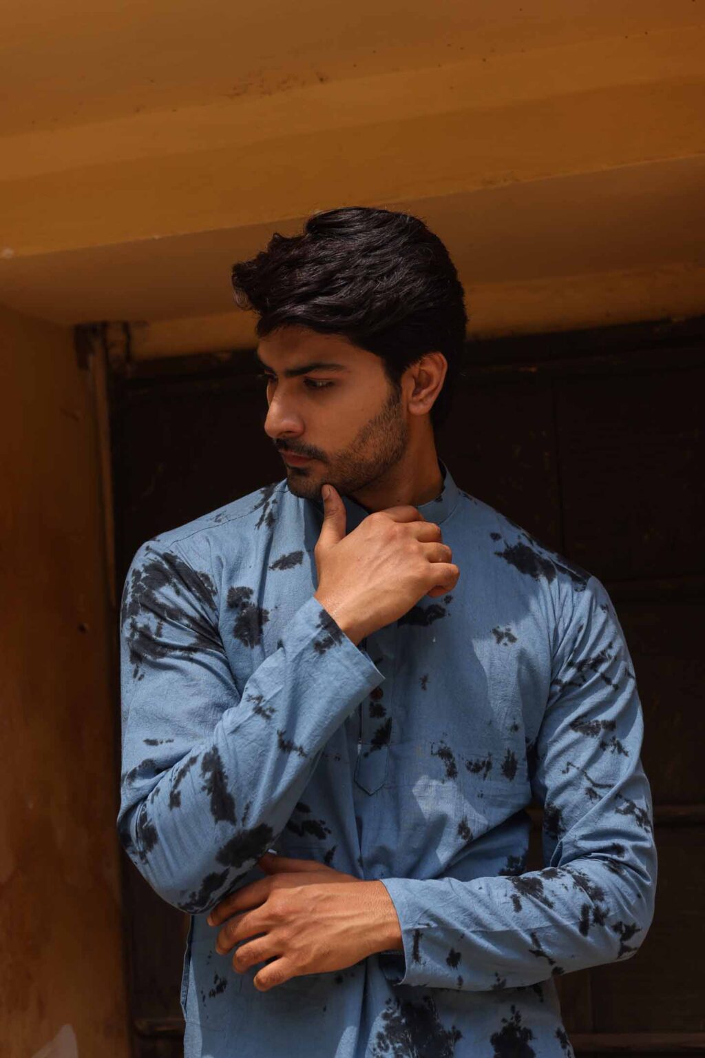 Gull Grey Tie & Dye Printed Kurta For Men