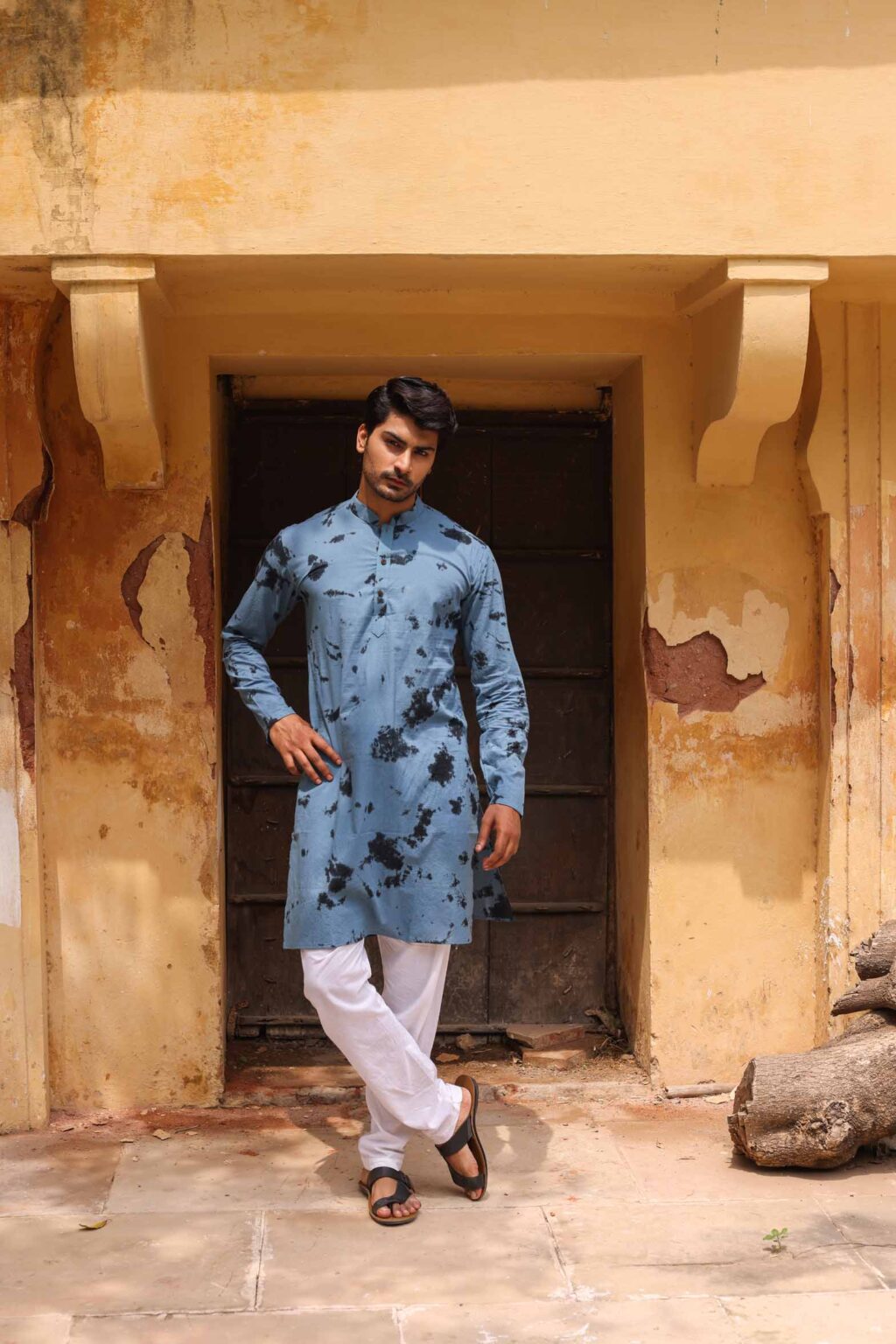 Gull Grey Tie & Dye Printed Kurta For Men
