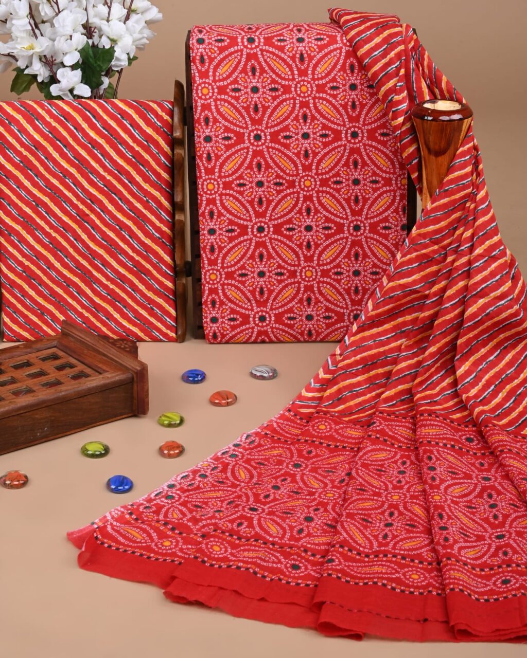 Red Cotton Unstitched suit with Floral Design