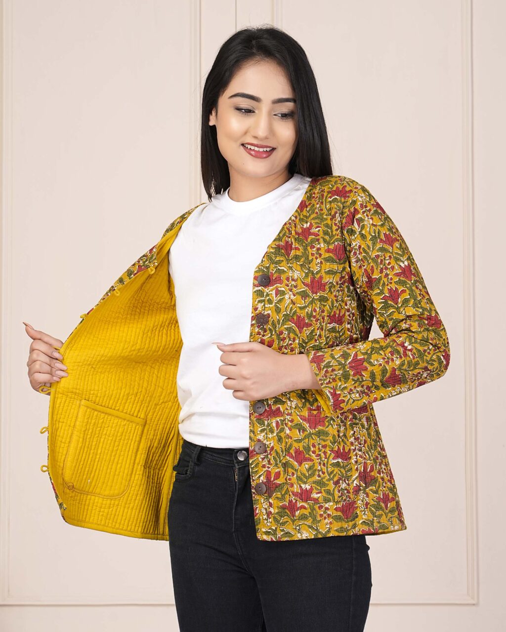 Floral Printed Cotton Quilted Jacket