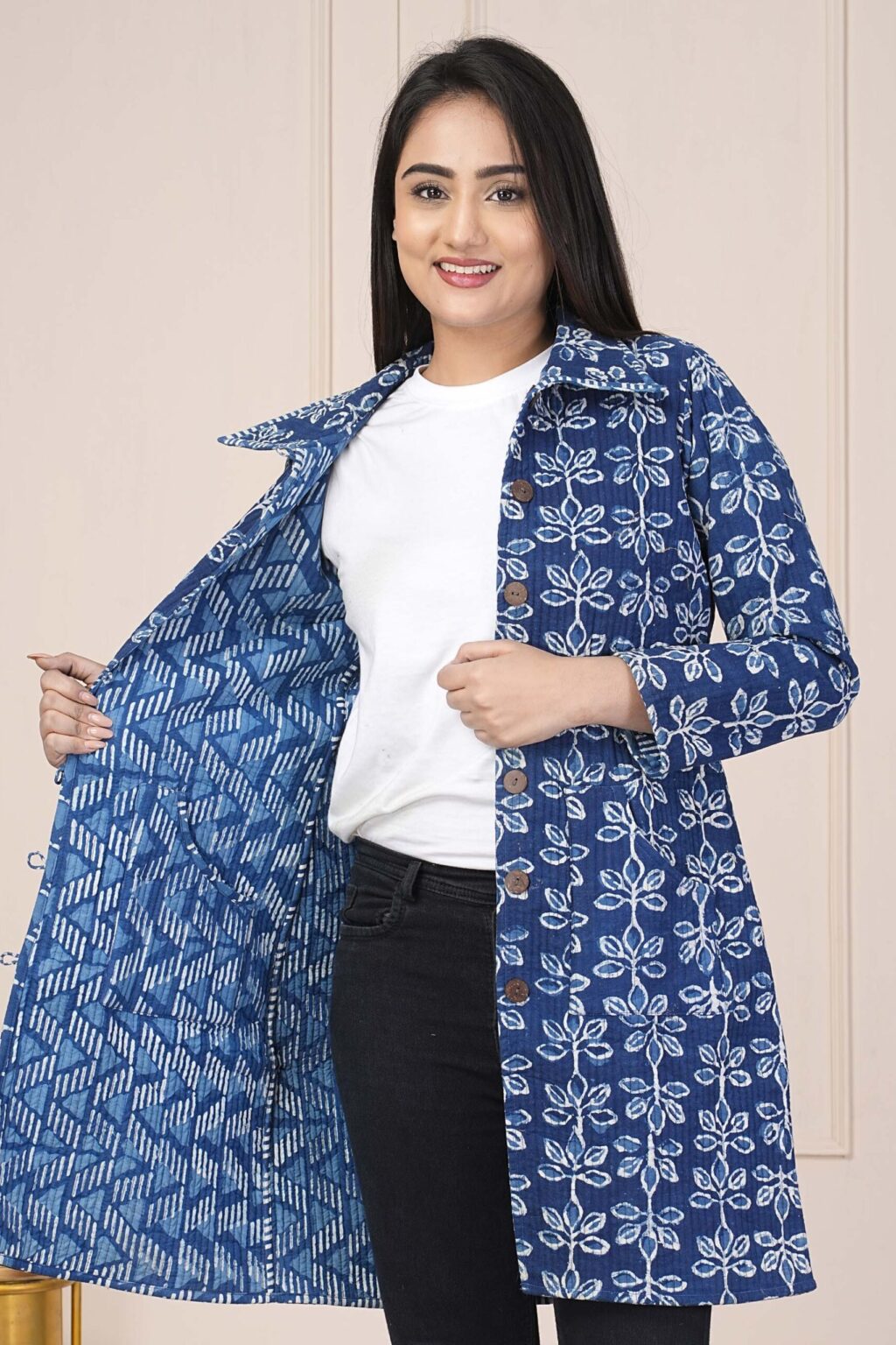 Indigo Cotton Quilted Jacket For Women