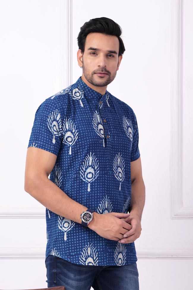 Indigo Dabu Hand Block Printed Cotton Shirt For Men