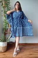 Indigo Short kaftan Dress with Floral Design