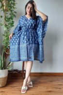 Indigo Short kaftan Dress with Floral Design
