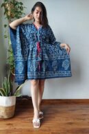 Indigo Short kaftan Dress with Circle Leafy Design
