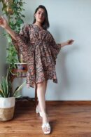 Black Short kaftan Dress with Floral Design