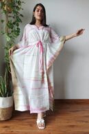 Cotton White Kaftan Dress with Pink Lining designs