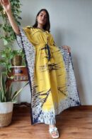Yellow-White With Blue Print Kaftan Dress
