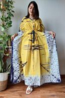 Yellow-White With Blue Print Kaftan Dress