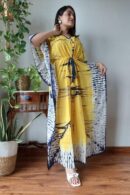 Yellow-White Cotton Kaftan Nighty