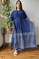 Cotton Blue Kaftan Dress Left View