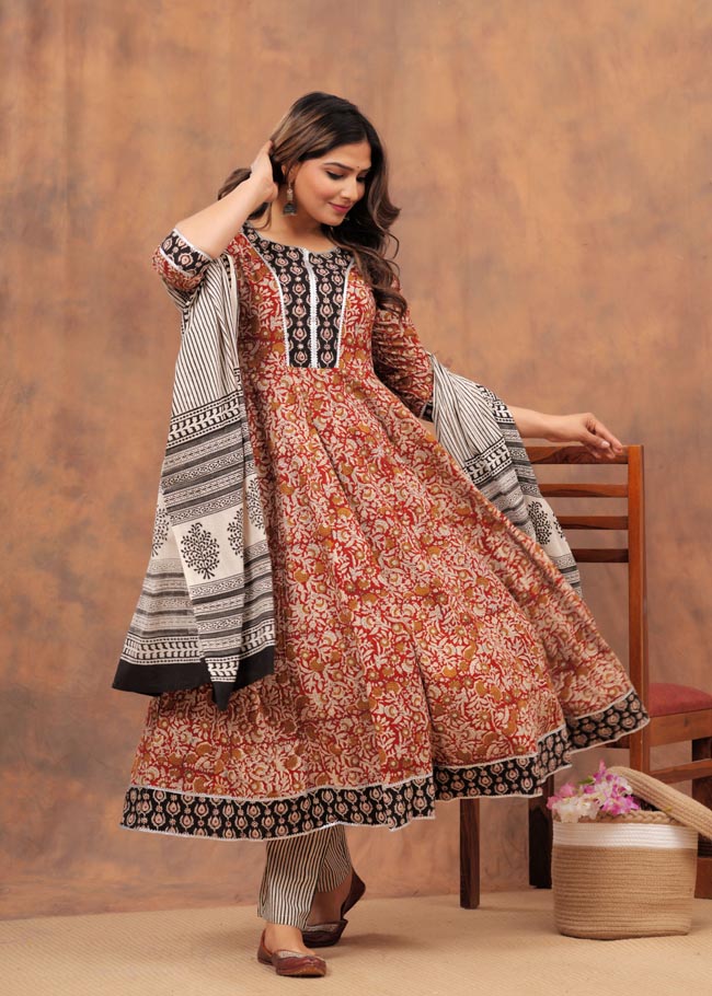 Red Anarkali Suit with Black & White Strip Dupatta