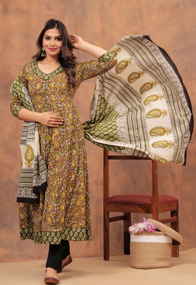 Mehendi Anarkali Suit with Paisley Bottom Dupatta