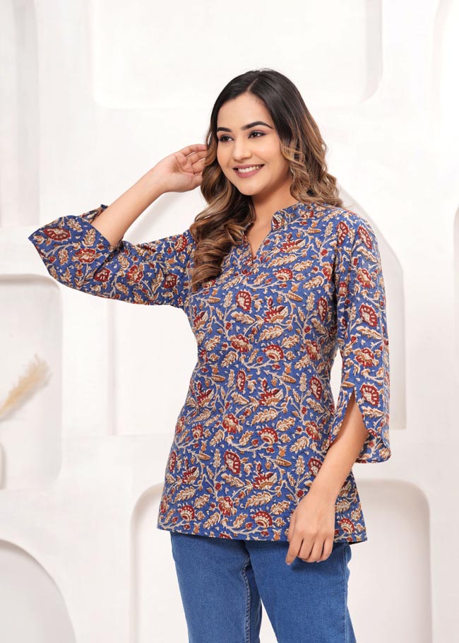 Blue Designer Top with Floral Leafy Design