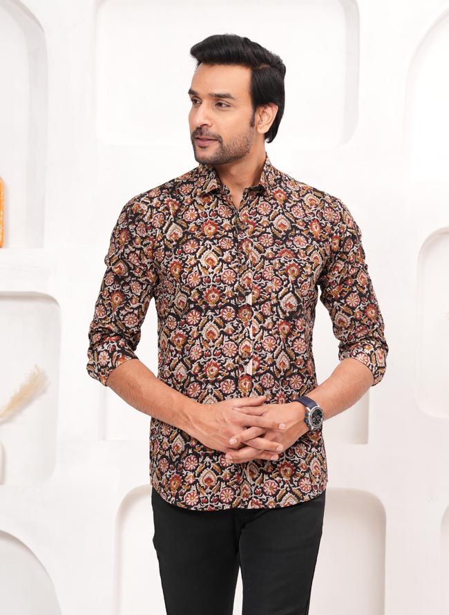 Black Printed Shirt with Floral Hand Block Print