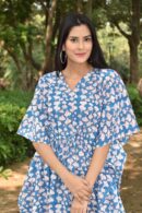 Blue Long Kaftan Dress with Floral Design