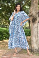 Blue Long Kaftan Dress with Floral Design