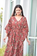 Maroon Kaftan Dress with Bagru Hand Block Print