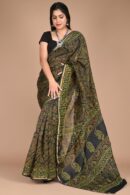 Dark Grey Chanderi Print Saree Made with Block Print
