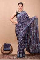 Dark Dusk Blue Bagru Print Cotton Saree