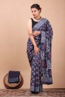 Dark Dusk Blue Bagru Print Cotton Saree