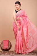 Sweet Pink Chanderi Saree (Block Printing Technique Used)