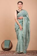 Grey Chateau Blue Chanderi Saree Made With Hand Block Print