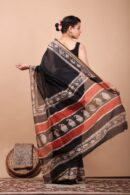 Leafy Border Plain Black Chanderi Saree For Women