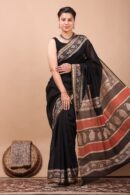 Leafy Border Plain Black Chanderi Saree For Women