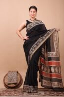Leafy Border Plain Black Chanderi Saree For Women