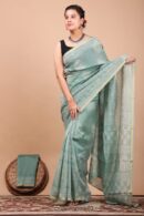 Grey Chateau Blue Chanderi Saree Made With Hand Block Print