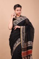 Leafy Border Plain Black Chanderi Saree For Women