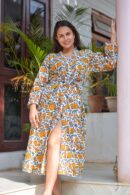 Yellow Cotton Bathrobe for Women with leaves and Flower Pattern