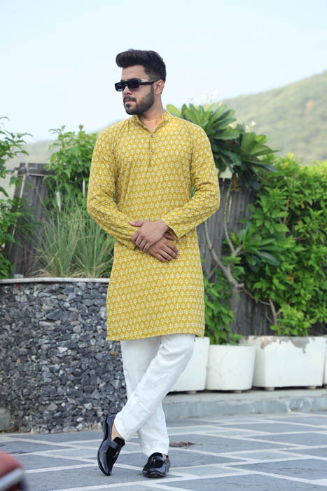 Arylide Yellow Cotton Kurta for Men look