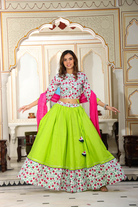 Avocado Green Cotton Lehenga Choli front view