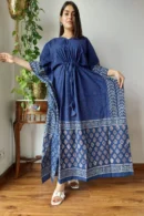 Blue Block Printed Long Kaftan for Women