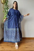 Blue Block Printed Long Kaftan for Women front view