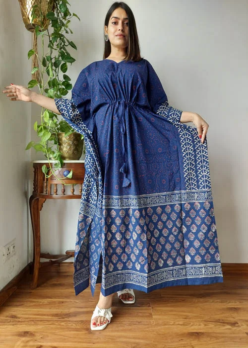 Blue Block Printed Long Kaftan for Women