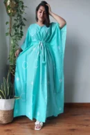 Cyan Block Printed Long Kaftan for Women