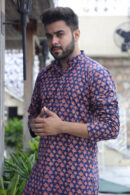 Blue-Pink Block Print Long Kurta for Men