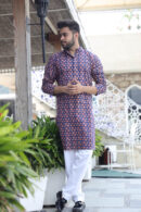 Blue-Pink Block Print Long Kurta for Men