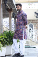 Blue-Pink Block Print Long Kurta for Men