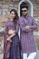 Blue-Pink Couple Matching Kurta With Lehenga Choli