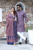 Blue-Pink Couple Matching Kurta With Lehenga Choli look