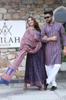 Blue-Pink Couple Matching Kurta With Lehenga Choli
