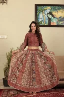 Sanguine Brown Lehenga Choli with Floral Border Dupatta