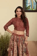 Sanguine Brown Lehenga Choli with Floral Border Dupatta