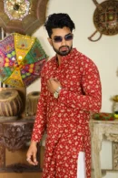 Cornell Red Block Print Long Kurta for Men