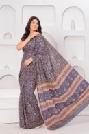 Grey Bagru Print Cotton Saree side view
