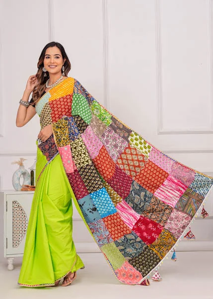 Lemon Green Patch Work Cotton Saree